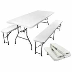 Set masa cu 2 banci pliabile tip valiza pentru gradina, camping, terase, 180x72x75cm