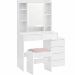 VASAGLE Masa de toaleta cu taburet si oglinda, iluminare LED reglabila, 6 sertare, 98x40x145 cm, alb