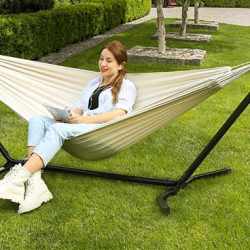 SONGMICS Hamac cu cadru metalic, reglabil la 5 inaltimi, maxim 240 kg, 300x90x95cm, bej