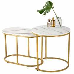 Set 2 mese pentru cafea, cadru otel, blat MDF model marmura, 50x50x50 cm si 60x32x44 cm, alb si auriu