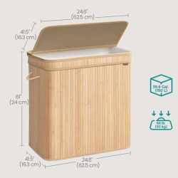 SONGMICS Cos rufe 63x42x61 cm, 150L, pliabil cu capac si sac lavabil, bambus si textil, bej natur
