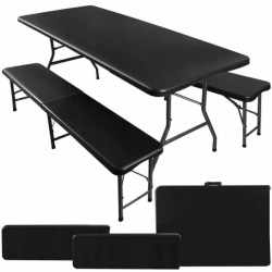 Set masa cu 2 banci pliabile tip valiza pentru gradina, camping sau evenimente, 180x70x74cm, negru