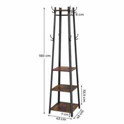 VASAGLE Cuier de haine cu 3 rafturi, suport cu carlige, din otel, 43x43x180 cm, stil industrial, maro rustic si negru