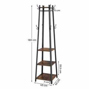 VASAGLE Cuier de haine cu 3 rafturi, suport cu carlige, din otel, 43x43x180 cm, stil industrial, maro rustic si negru