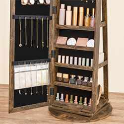 SONGMICS Oglinda de podea cu suport rotativ la 360°, cu spatiu de depozitare, 55x55x161cm, maro rustic