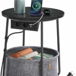 VASAGLE Masuta de cafea rotunda cu cos de stofa, statie de incarcare 2 prize si 2 USB, 45x50cm, negru
