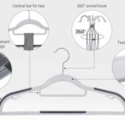 SONGMICS Set de 30 de umerase pentru haine, anti-alunecare, bara de cravata si carlig pivotant, 42cm, gri