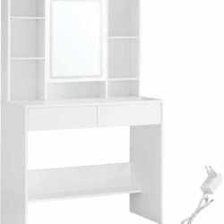 VASAGLE Masa de toaleta cu oglinda, iluminare LED reglabila, 2 sertare, 90x40x145cm, alb