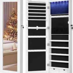 SONGMICS Dulap de bijuterii cu oglinda, montare pe perete, incuietoare, 37x10x120cm, alb