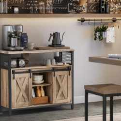VASAGLE Comoda pentru living sau bucatarie, cu 2 usi glisante, rafturi reglabile, stil rustic, 33x100x80 cm, maro
