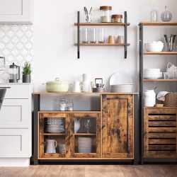 VASAGLE Dulap de depozitare tip bufet, cu 3 usi, stil industrial, 110x33x75cm, maro rustic si negru