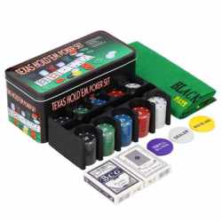 Set de Poker Complex cu 200 de jetoane, covoras verde, 2 seturi de carti, in cutie metalica