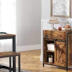 VASAGLE Comoda pentru living sau bucatarie, cu 2 sertare si usa glisanta, rafturi reglabile, stil rustic, 30x70x80cm, maro si negru