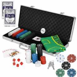 Set de Poker Complex cu 500 de jetoane, covoras verde, 2 seturi de carti, 5 zaruri, in servieta aluminiu