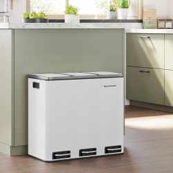 SONGMICS Cos de gunoi din inox cu 3 compartimente colectare selectiva, cu galeti interioare, 3x18litri, 62x32x56cm, alb