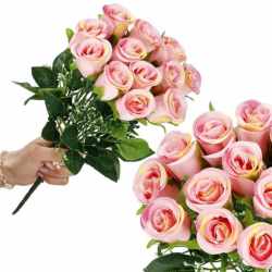Buchet de flori artificiale din poliester, 12 fire trandafiri, 38cm, roz