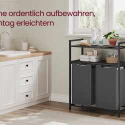 VASAGLE Cos de rufe, cu 2 saci detasabili, 2 rafturi, capacitate de 46L per sac, 73x33x92cm , negru si gri