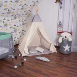 Cort copii Sersimo stil indian Teepee Tent cu fereastra, covoras gros si 2 perne, alb gri