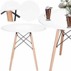 Masa dining bucatarie, rotunda, diametru 80 cm, inaltime 75 cm, Blat MDF, Picioare lemn, Alb