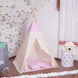 Cort copii Sersimo stil indian Teepee Tent cu fereastra, covoras gros si 2 perne, alb roz cu stelute