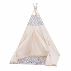 Cort copii Sersimo stil indian Teepee Tent cu fereastra, covoras gros si 2 perne, alb gri cu norisori