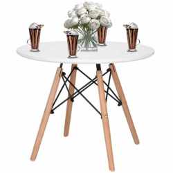 Masa de cafea, rotunda, diametru 60 cm, inaltime 45 cm, Blat MDF, Picioare lemn, Alb