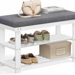 SONGMICS Banca pentru pantofi din bambus, 2 niveluri, cu perna, sarcina 150 kg, 71x29x49 cm, alb si gri