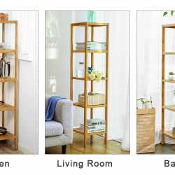 SONGMICS Raft de depozitare din bambus, 5 polite, pentru bucatarie sau baie, 146x33x33cm, maro natural