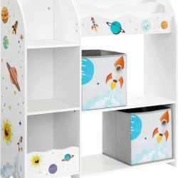 SONGMICS Organizator de jucarii si carti pentru copii, multifunctional cu 2 cutii de depozitare, 93x30x100cm, alb