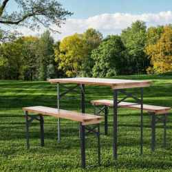 Set berarie din lemn masiv, plabil, pentru terasa sau gradina, o masa si doua banci, 117x56cm, natur