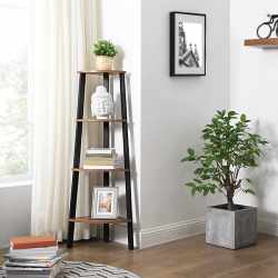 VASAGLE Raft de colt cu 4 etaje, tip biblioteca, cadru metal si polite lemn, industrial, 34x34x125cm, maro rustic
