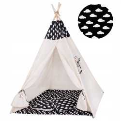 Cort copii Sersimo stil indian Teepee Tent cu fereastra, covoras gros si 2 perne, alb negru cu norisori