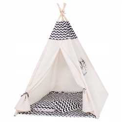 Cort copii Sersimo stil indian Teepee Tent cu fereastra, covoras gros si 2 perne, alb negru zig zag