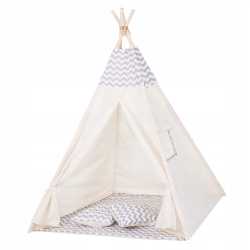 Cort copii Sersimo stil indian Teepee Tent cu fereastra, covoras gros si 2 perne, alb gri deschis zig zag