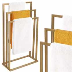 Suport metalic de baie pentru prosoape, cu 3 standuri, 86 cm, auriu mat