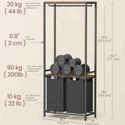 VASAGLE Cos de rufe, 2 compartimente, saci de rufe detasabili, 2 rafturi, tija umerase, 2x46L, 73x33x177cm, maro rustic