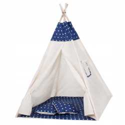 Cort copii Sersimo stil indian Teepee Tent cu fereastra, covoras gros si 2 perne, alb albastru inchis cu stelute