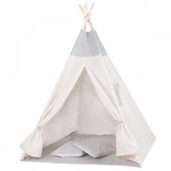 Cort copii Sersimo stil indian Teepee Tent cu fereastra, covoras gros si 2 perne, alb gri monocrom