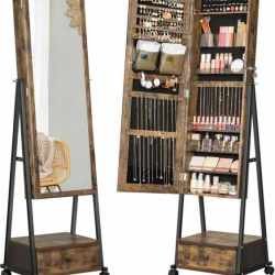 SONGMICS Oglinda de podea cu suport mobil pe roti, spatiu de depozitare, 42x37x153 cm, maro rustic