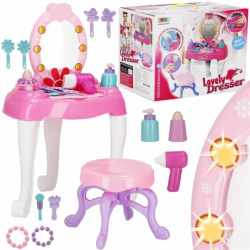 Masa toaleta pentru copii, cu taburet, 19 accesorii joaca, din plastic, 37x20x60 cm, roz