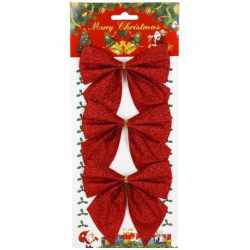 Set 3 ornamente pentru bradul de Craciun, fundita, 11cm, rosu