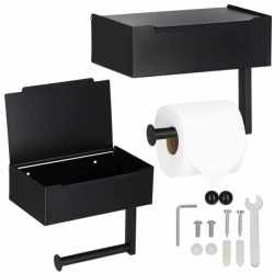 Suport hartie igienica din otel cu sertar depozitare, sistem montare inclus, 22cm, negru bej