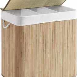 SONGMICS Cos de rufe din bambus, pliabil, cu captuseala detasabila lavabila, 3 compartimente, 150L, 60x40x60cm, natural