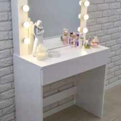 Masa de toaleta si machiaj Hollywood, alba, cu oglinda si 12 LED-uri, 80x40x140 cm