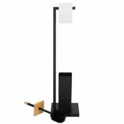 Stand cu perie WC si suport hartie igienica, metal si bambus, 79cm, negru