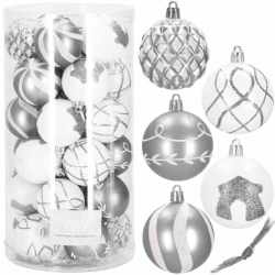 Set globuri de Craciun cu modele de sarbatori, 30 bucati, 6 cm, argintiu