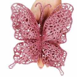 Set 10 ornamente pentru bradul de Craciun, Fluture cu sclipici, 16cm, roz