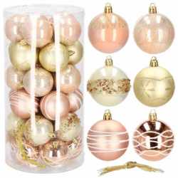 Set globuri de Craciun cu modele de sarbatori, 30 bucati, 6 cm, roz si auriu