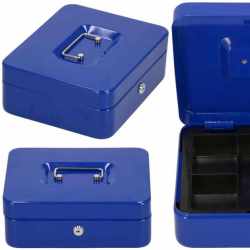 Caseta pentru bani tip cutie de valori, compartimentanta, cu cheie, metal, 20x16x9cm, albastru
