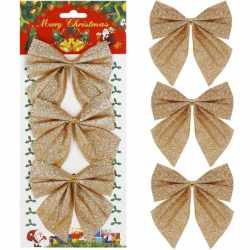 Set 3 ornamente pentru bradul de Craciun, fundita, 11cm, auriu